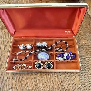 Vintage, MELE jewelry box with vintage clip & pierced earrings & other jewelry